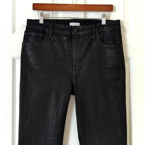 Good American Good Classic High Rise Ankle Cropped Coated Denim Jeans Black 14 - Picture 2 of 14
